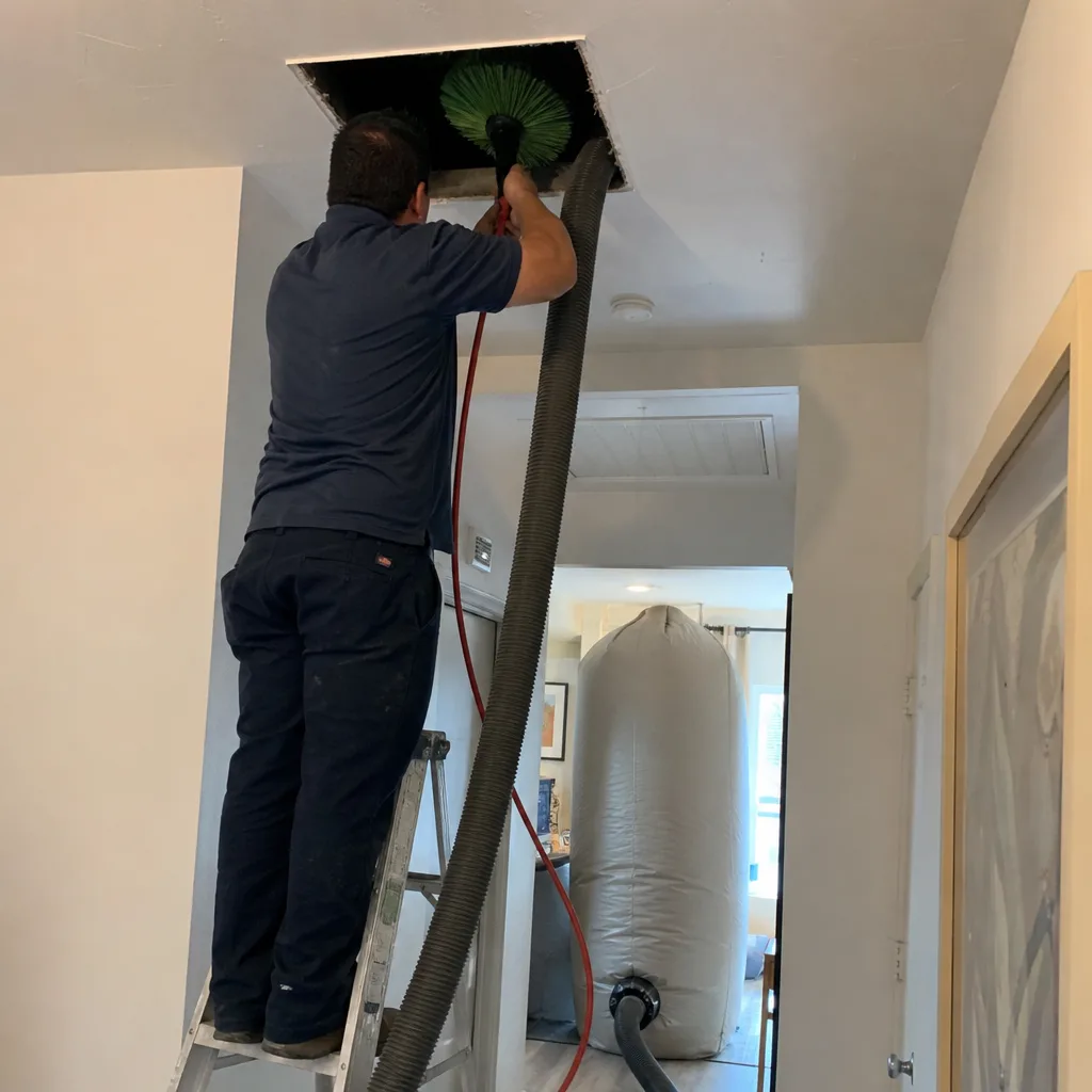 Professional technician performing residential air duct cleaning with specialized equipment.