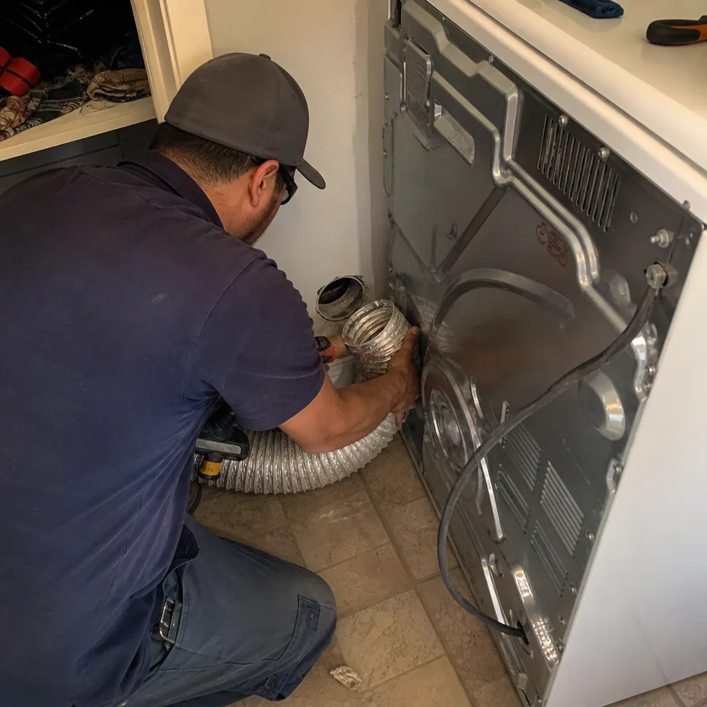 Technician installing flexible dryer vent ducting during a professional cleaning service