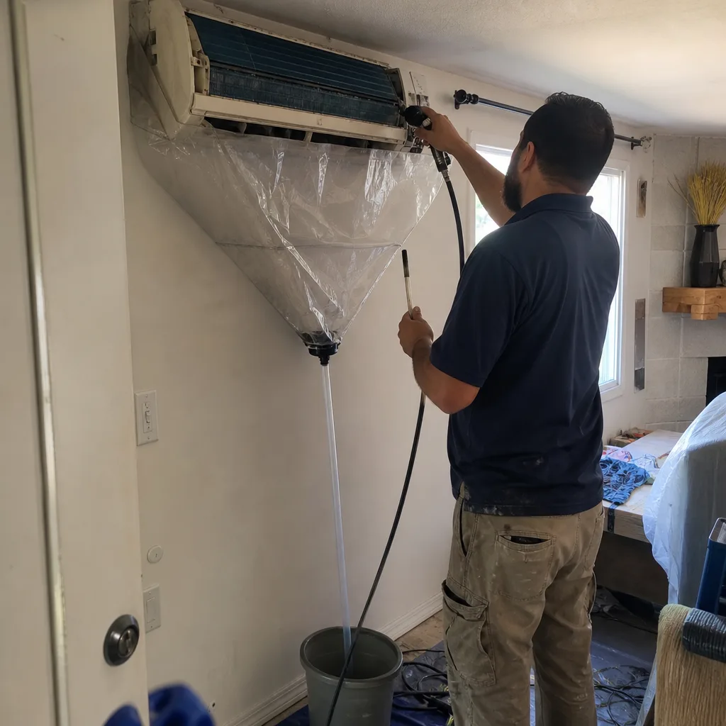 Technician performing professional residential HVAC system deep cleaning services