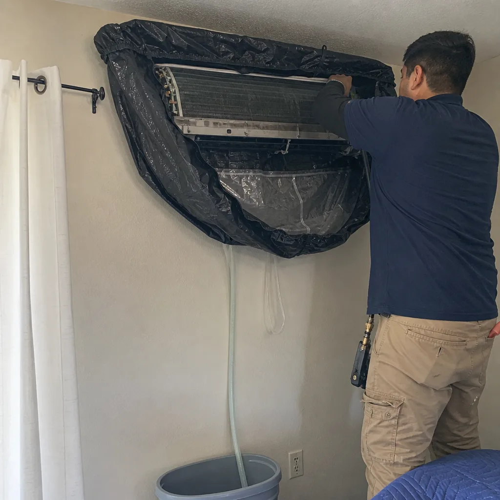 HVAC technician performing professional air duct and mini-split system cleaning