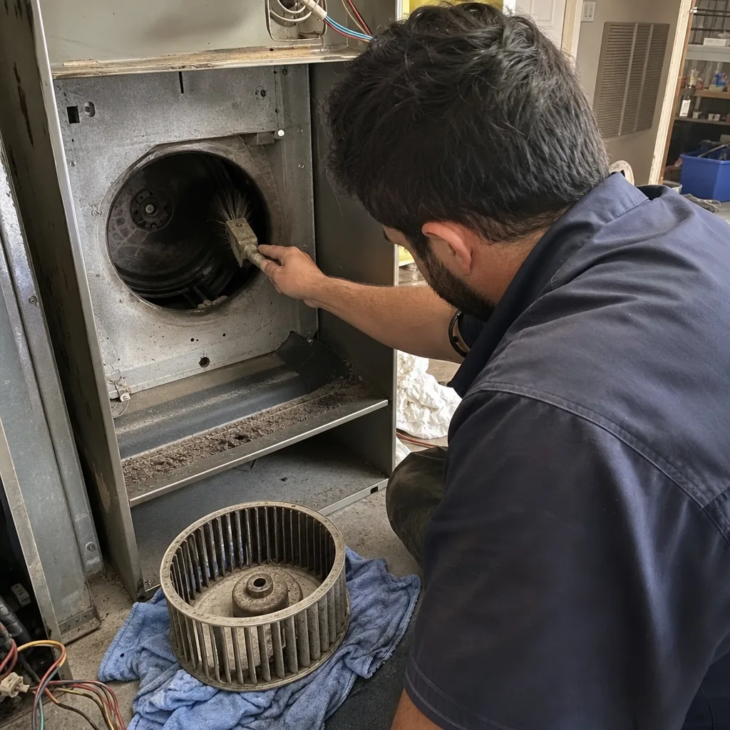 Technician performing professional HVAC system maintenance and air duct cleaning